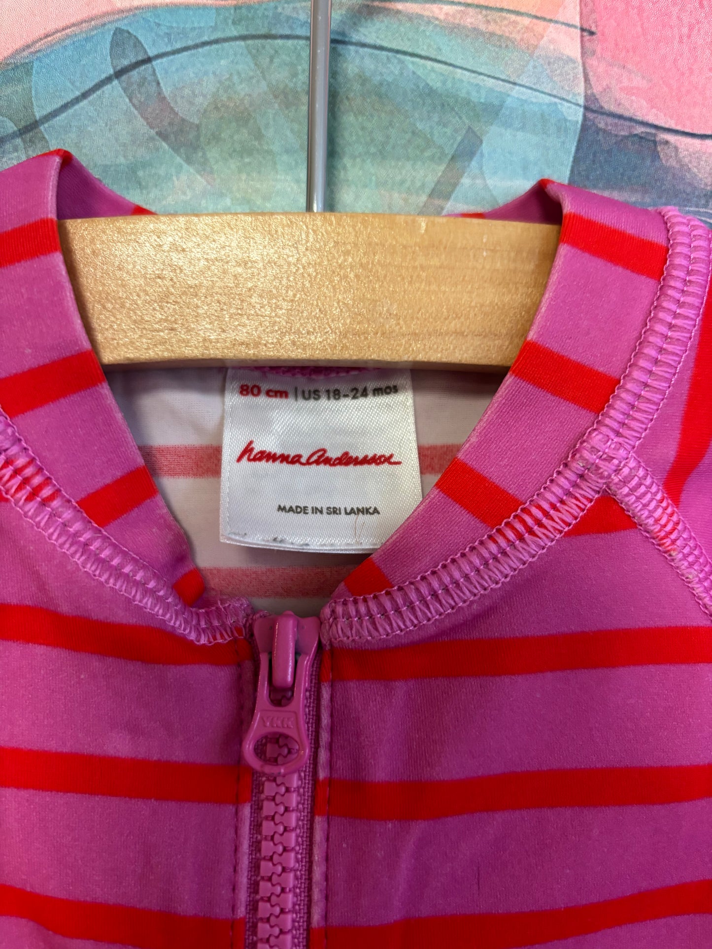 Hanna Andersson pink/red stripe long sleeve swimsuit. Size 18-24m