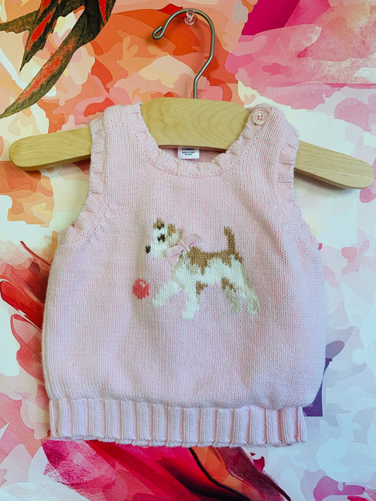 Baby Gap knit pink vest with brown/white dog in pink bow. Size 3-6m