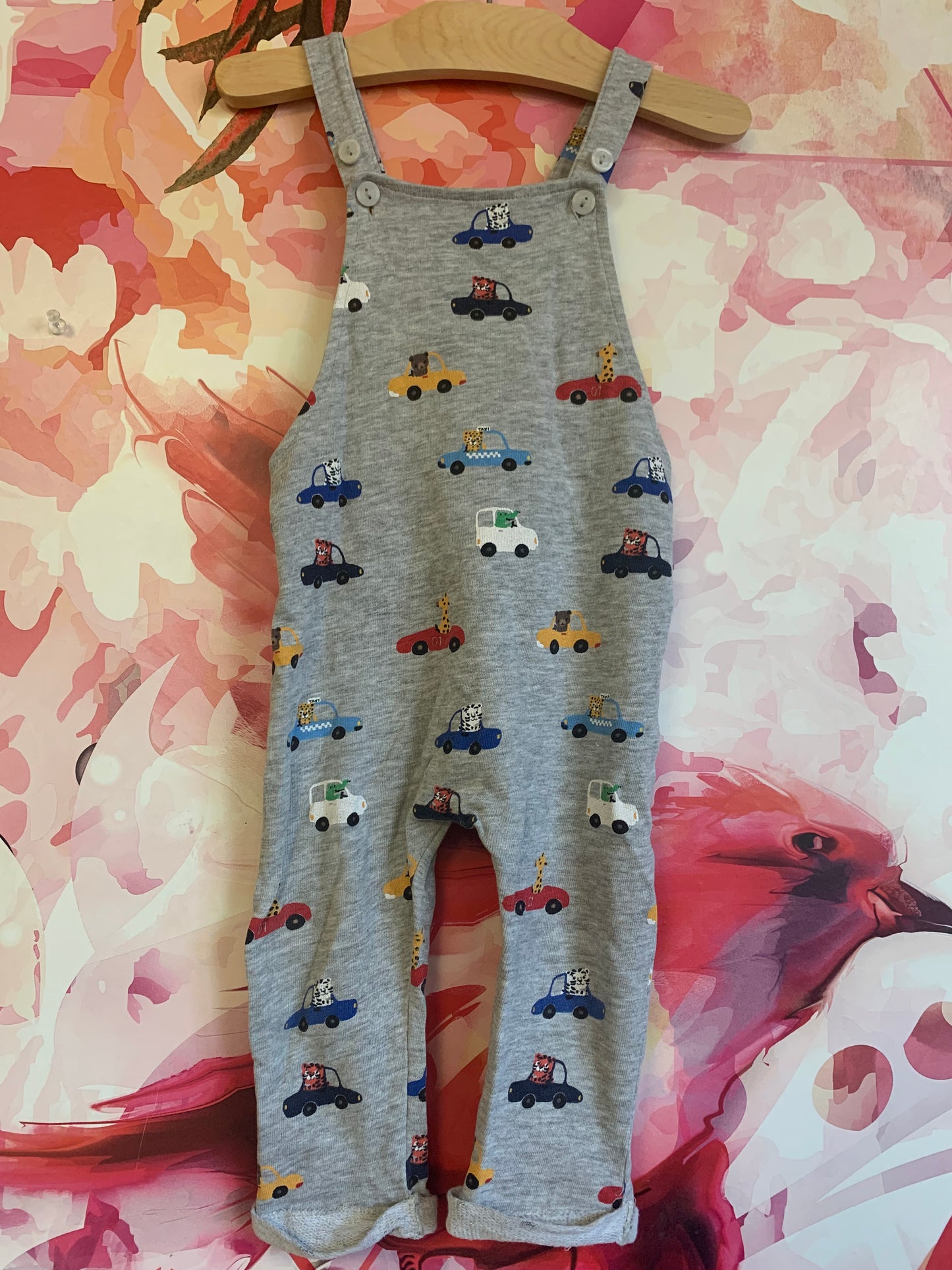 H&M grey cotton overalls with colorful animals in cars. Size 12-18m