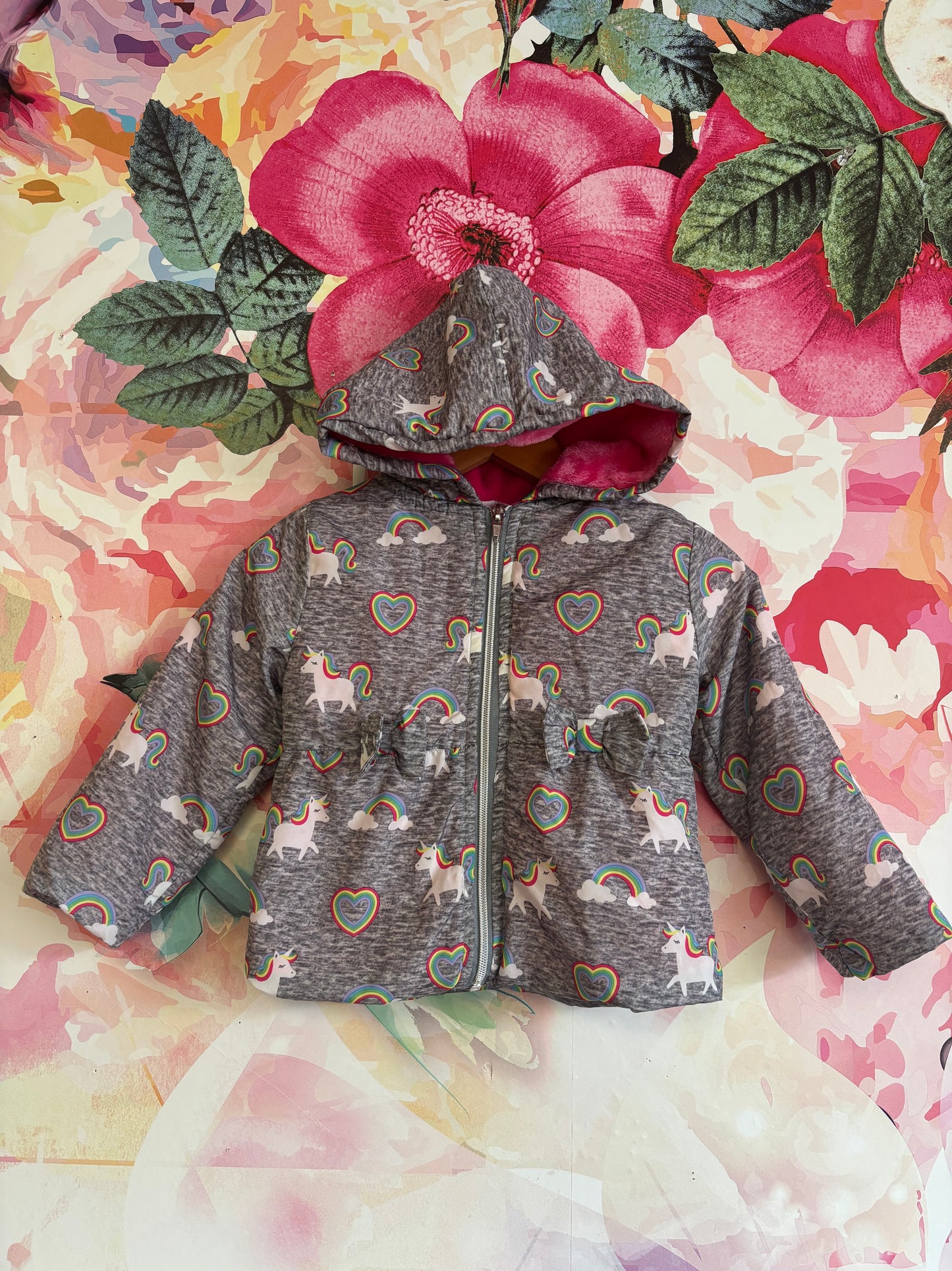 Penelope Mack grey puffy coat with unicorns & rainbows. Pink fleece lining &  hood. Size 2T