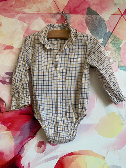 Janie & Jack blue corduroy pants with stripe suspenders and cream, blue, brown, yellow checkered long sleeve button down onesie. Size 12-18m