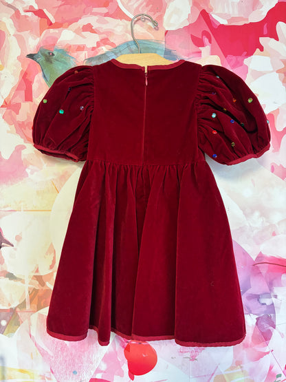 Lola & The Boys Queen Puff Gems Velour dress. Rich red color, elegant puff sleeves. Size 2T.