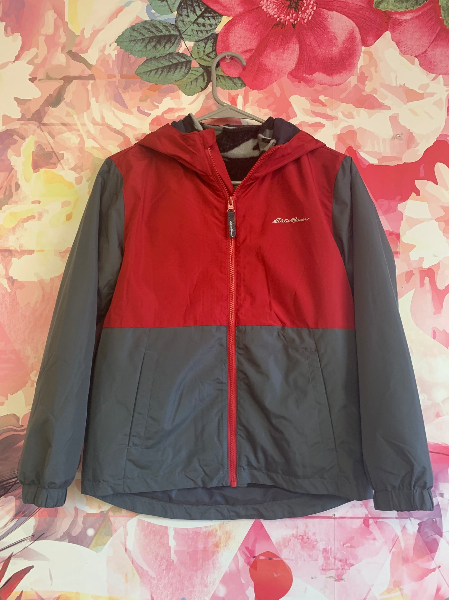 Eddie Bauer red, grey fleece lined jacket with hood. Removable fleece lining. Size 10/12.