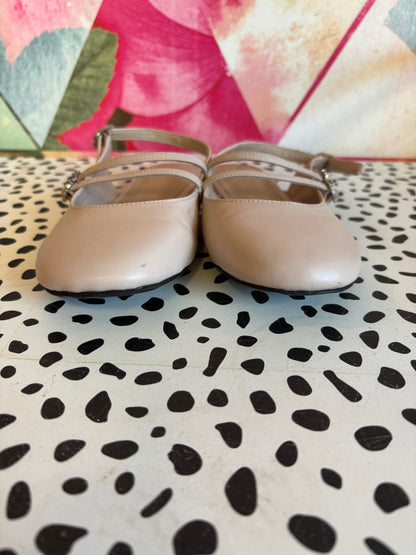 Zara pale pink dress flats with heel strap & two straps across foot. Rhinestone buckles. Size 3.