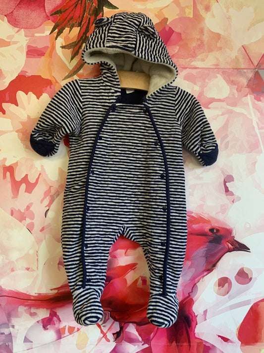 Nordstrom Baby blue/white stripe fleece bunting with hood and snaps. Size 6m