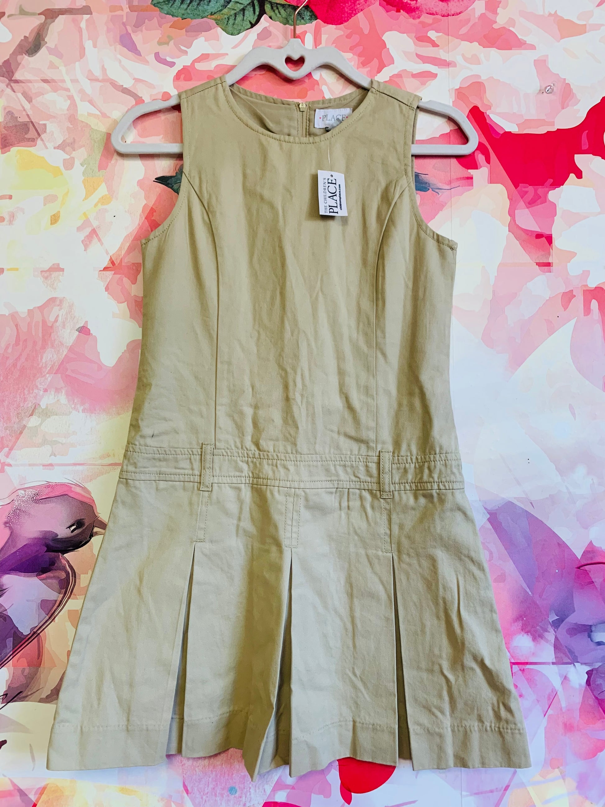 Children’s Place beige sleeveless shirt dress WITH belt loops & pleated skirt. *NEW WITH TAGS* size 10