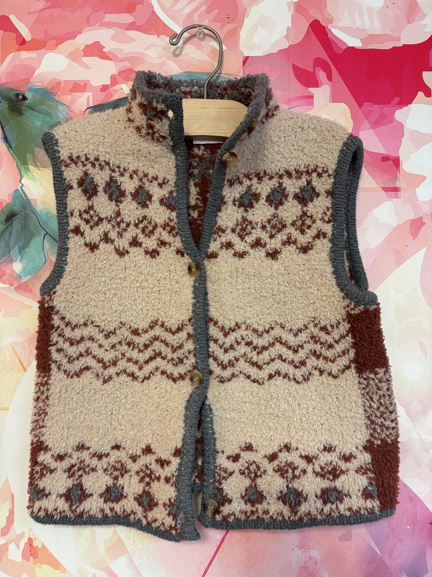 Zara cream, brown, grey soft fleece vest with button closure. Size 2/3T.