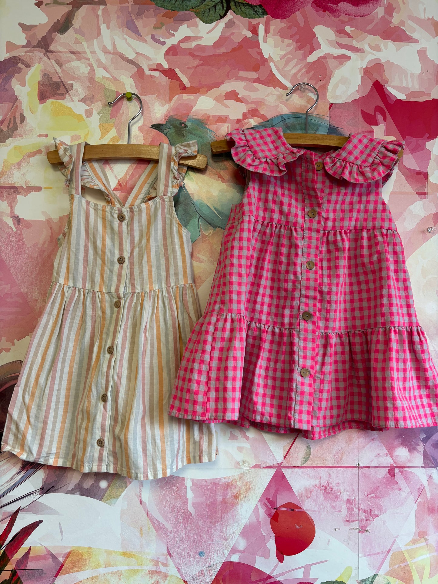 Dress Bundle. H&M cream stripe button front dress with flutter straps. Size 18m Zara pink & grey checkered dress with front buttons and ruffle Peter Pan collar.  Size 18-24m