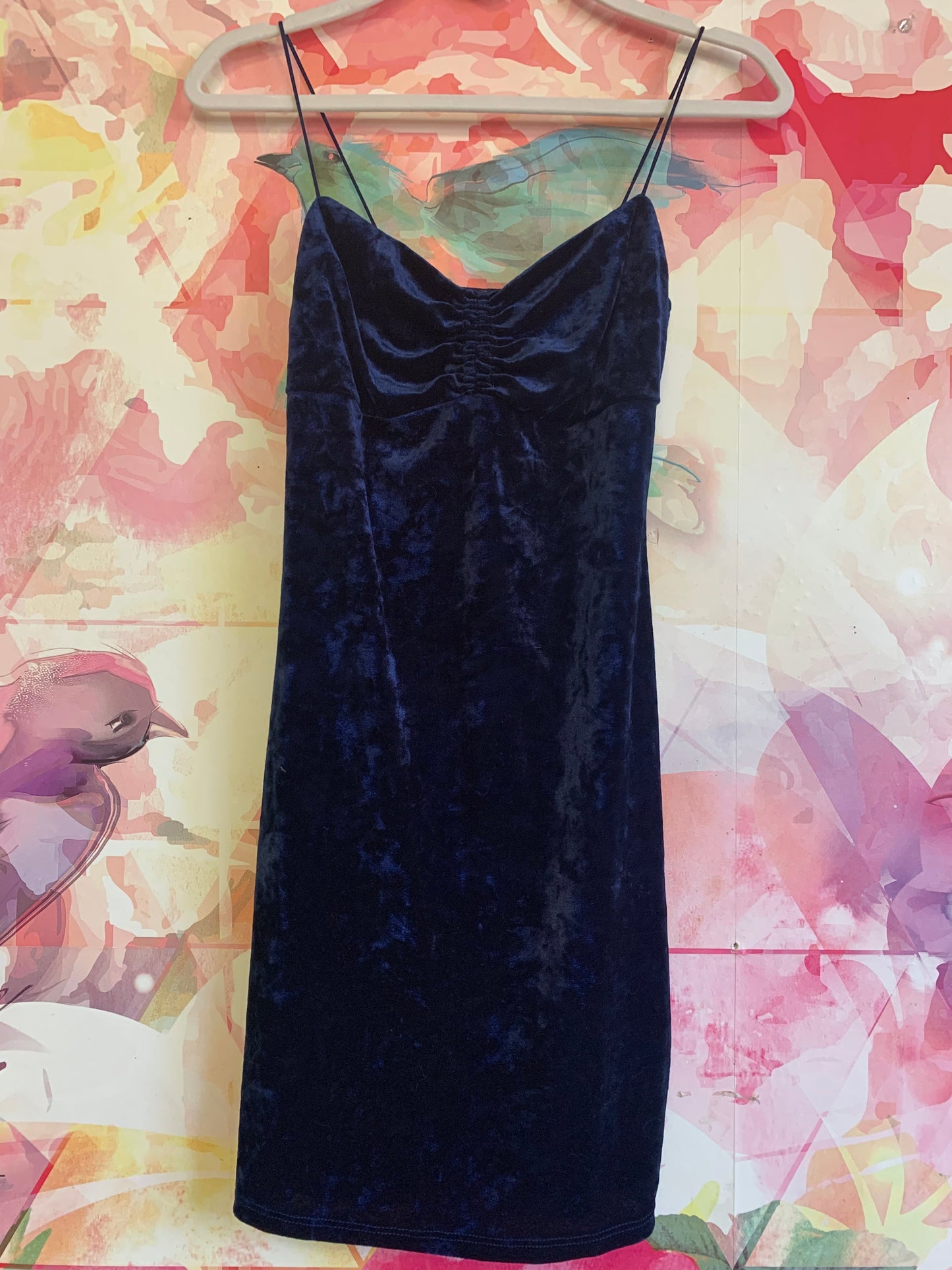 Urban Outfitters navy blue velour spaghetti strap fitted dress. Size small. Urban Outfitters navy blue velour spaghetti strap fitted dress. Size small.