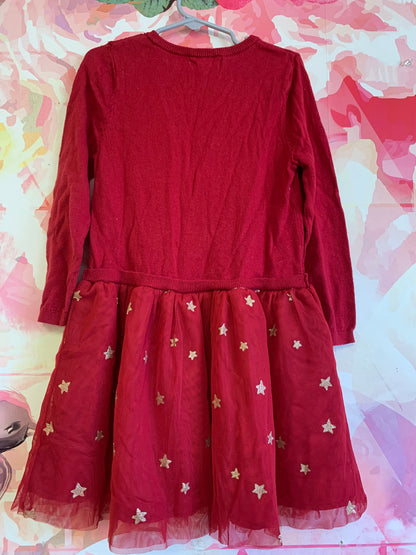 H&M red knit & tulle long sleeve holiday dress with reindeer & gold shimmery stars. Size 5/6T