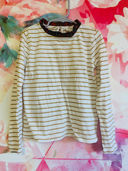 Crewcuts white & gold stripe long sleeve top with plaid ruffle collar. Size 6/7