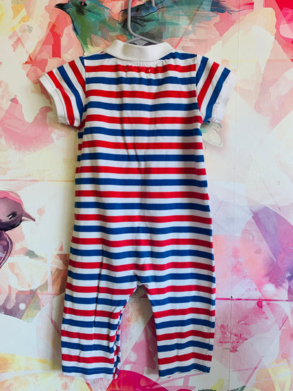 Monica & Andy red, white, blue striped shirt sleeve romper with collar. Size 12-18m