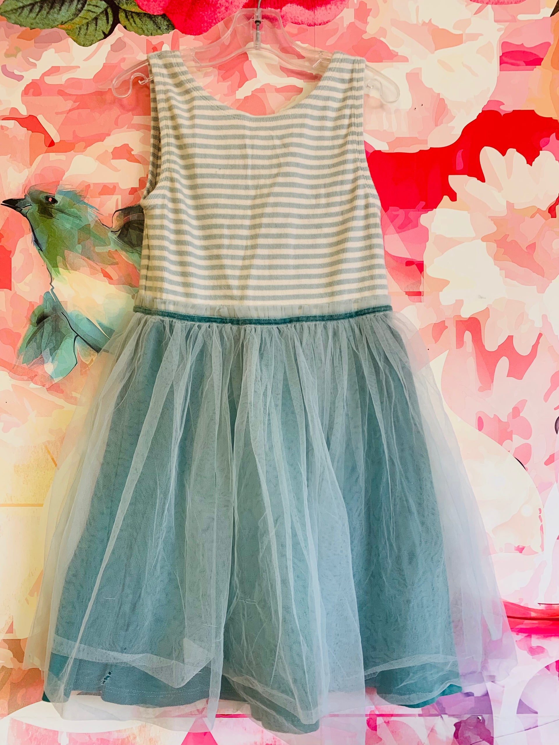 strapless open back dress Mini Boden Jersey Tulle Mix Dress. Blue & White. Tank Top with Low Back. Size 7/8T