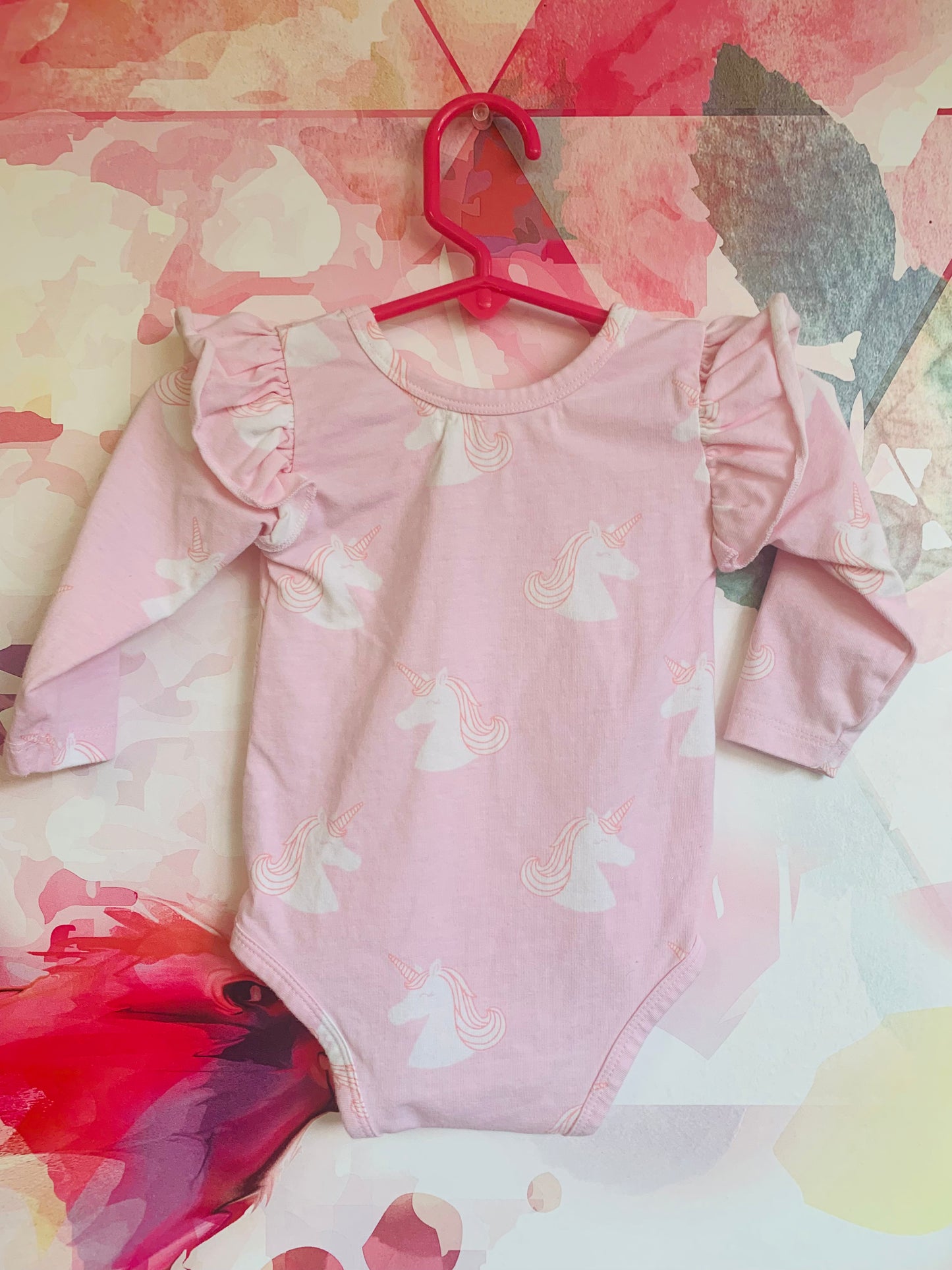 Monica & Andy pink long sleeve onesie with unicorns. Size 6-9m