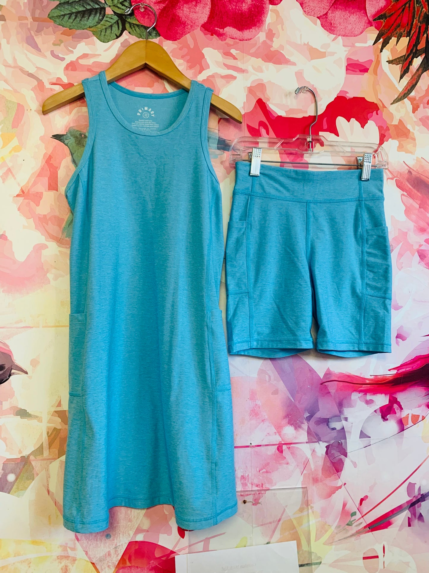 Primary baby blue flexknit active pocket dress with pockets. Super soft & stretchy. And matching bike shorts. Size 10.