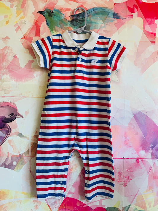 Monica & Andy red, white, blue striped shirt sleeve romper with collar. Size 12-18m