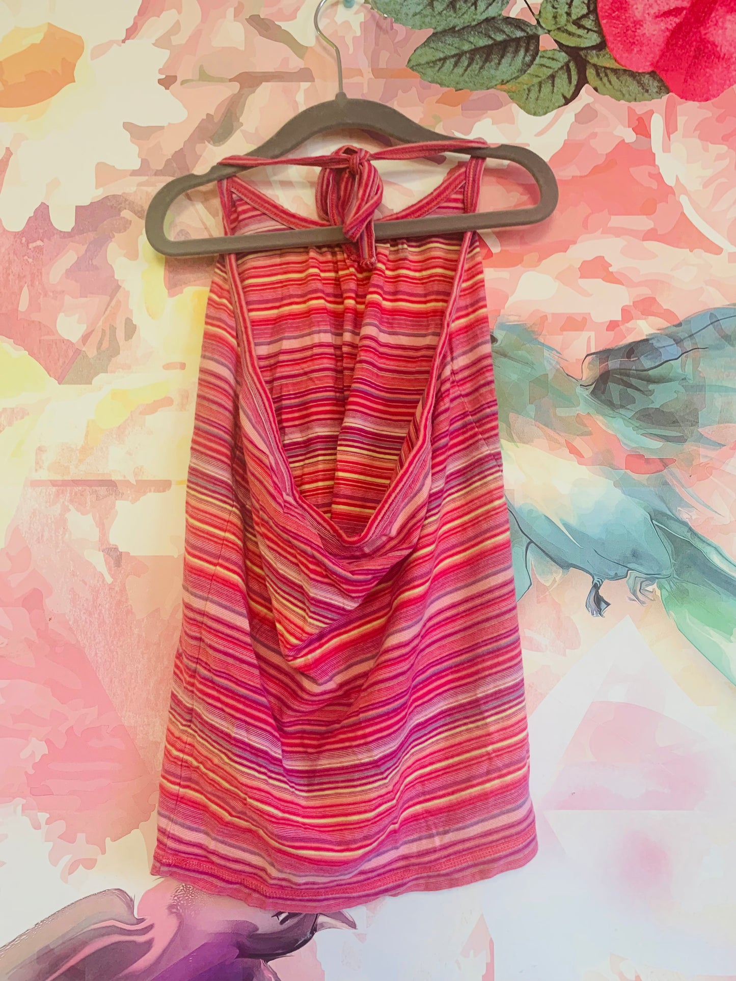 Tea Collection pink purple yellow blue stripe halter top with tie around neck. Size 7