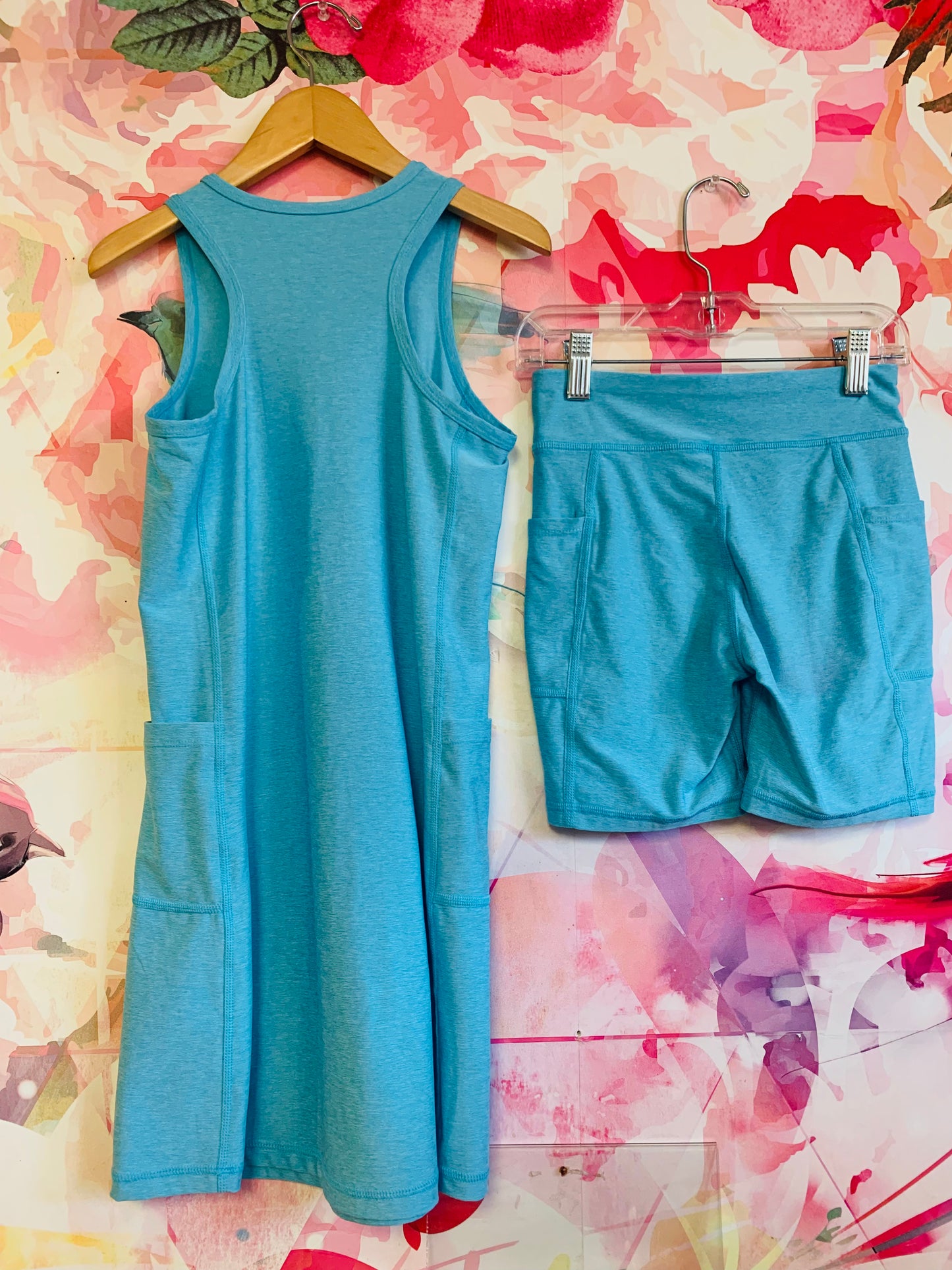 Primary baby blue flexknit active pocket dress with pockets. Super soft & stretchy. And matching bike shorts. Size 10.