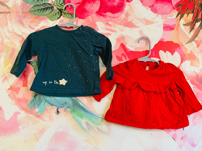 Baby Gap red long sleeve top and Zara blue long sleeve top. Size 3-6m.