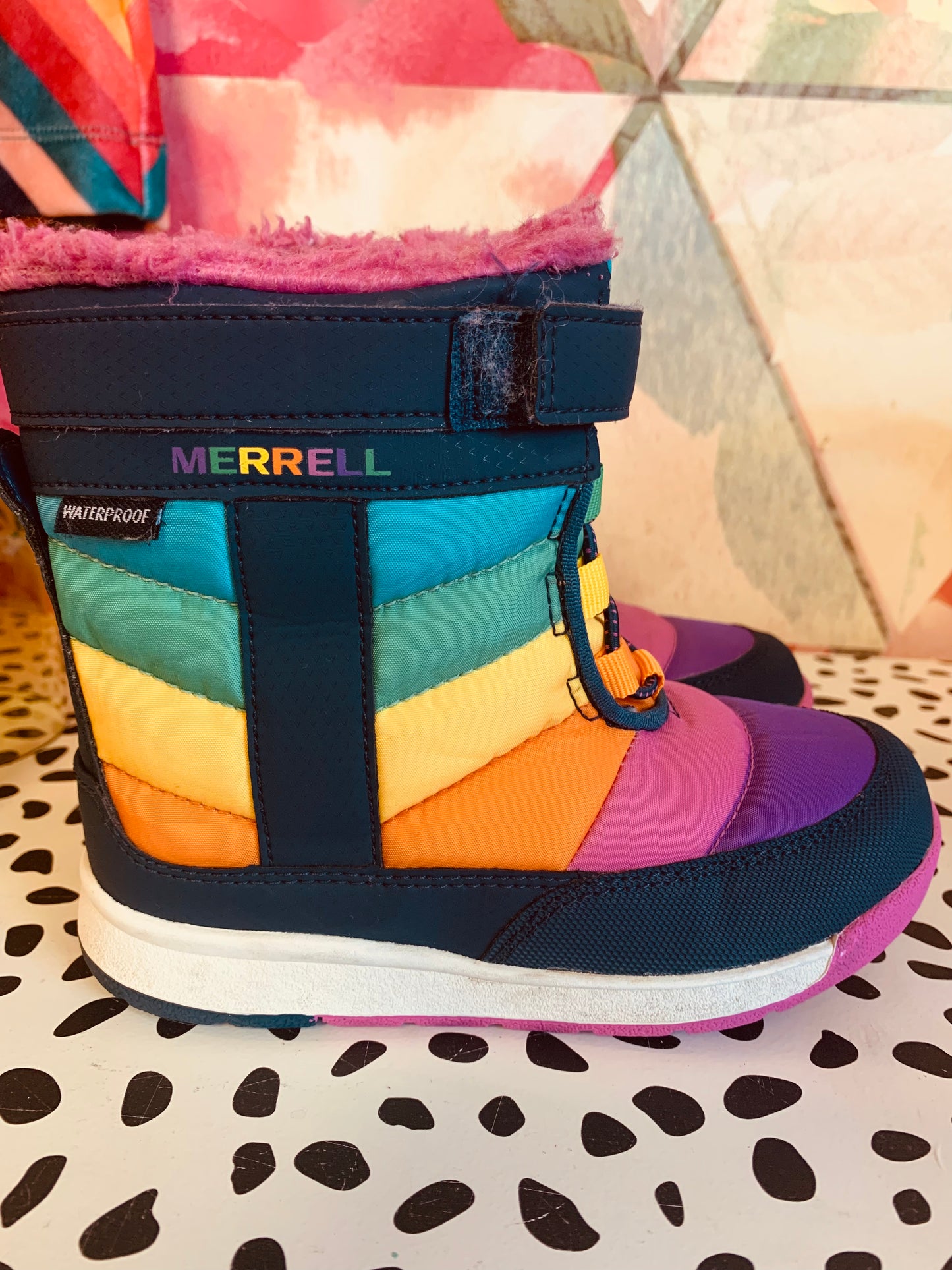 Merrell waterproof winter boots. Rainbow stripes. Size 10.