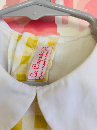 La Coqueta yellow & white checkered dress and bloomers. Short sleeve with white Peter Pan collar. Size 3T