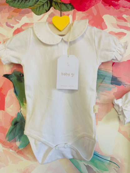 Baby Gi white onesies (2) with tiny pink dots on Peter pan collar. Two snaps on back. Size 3m. NEW WITH TAGS