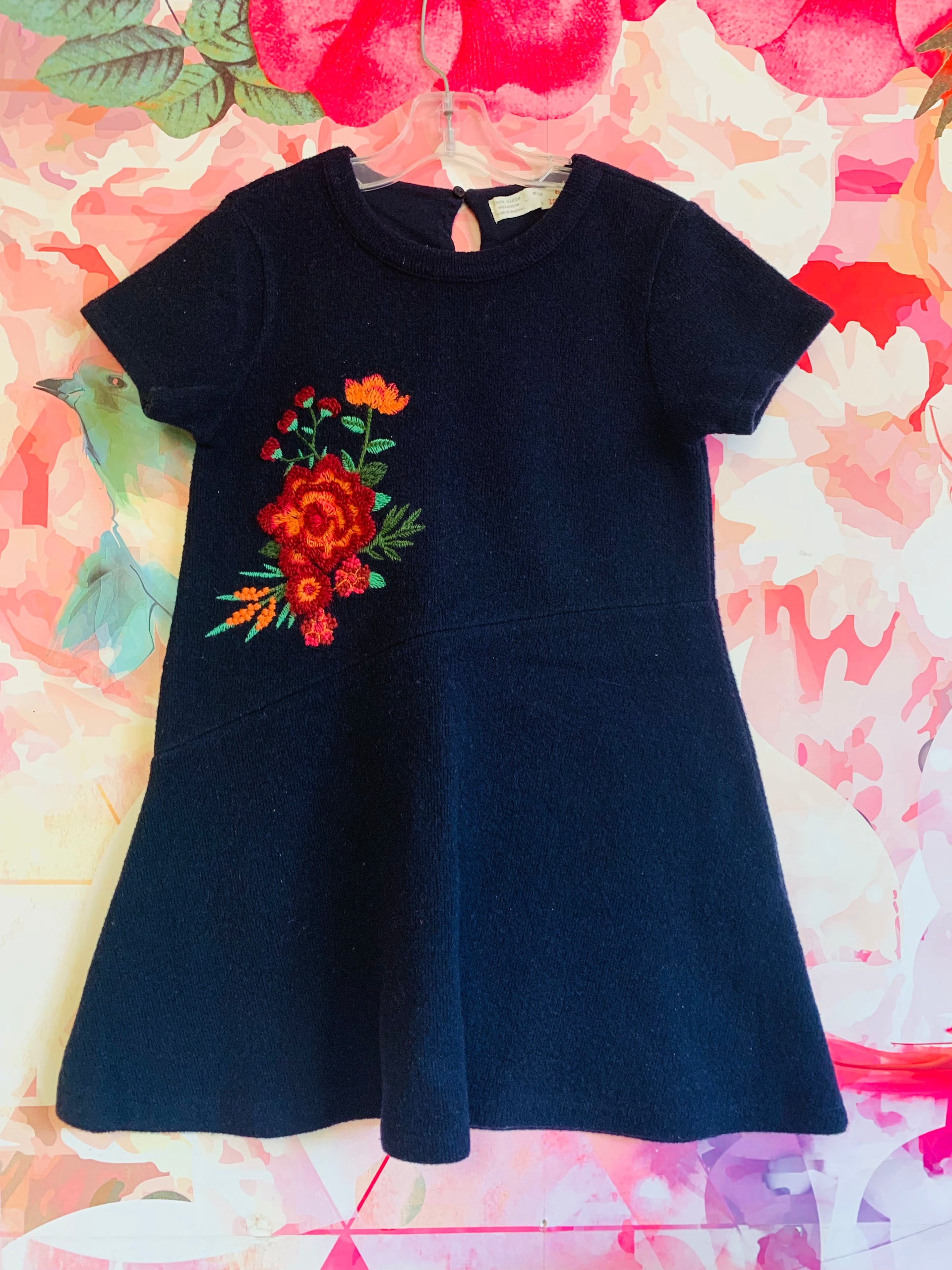 Zara navy blue sweater dress. Short sleeve with asymmetrical waist and embroidered flowers. Size 8T
