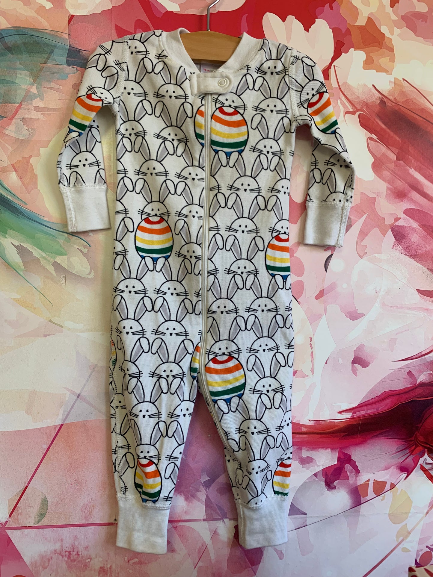 Hanna Andersson long sleeve bunny romper with rainbow stripe eggs. Size 6-12m.