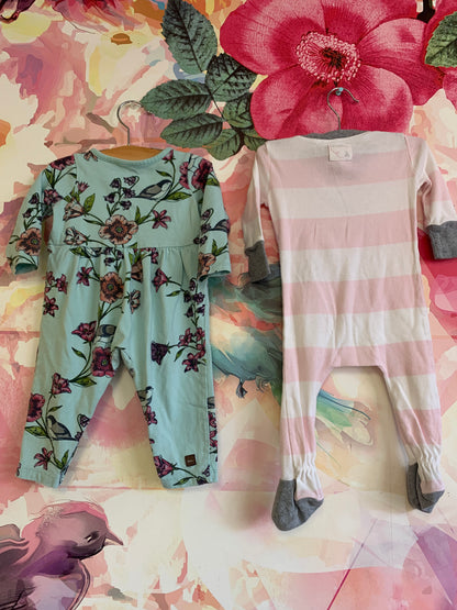 2 long sleeve rompers. Both 3-6m. Burt’s Bees pink/white stripe footed romper. Tea Collection teal flowery long sleeve romper with snaps.