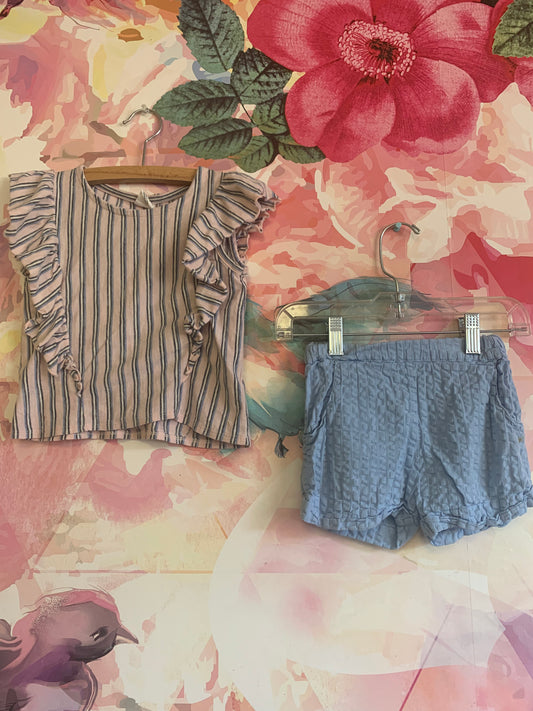 Stem 2 bundle. Pink, black, blue stripe ruffle t shirt and blue shorts. Both size 2.