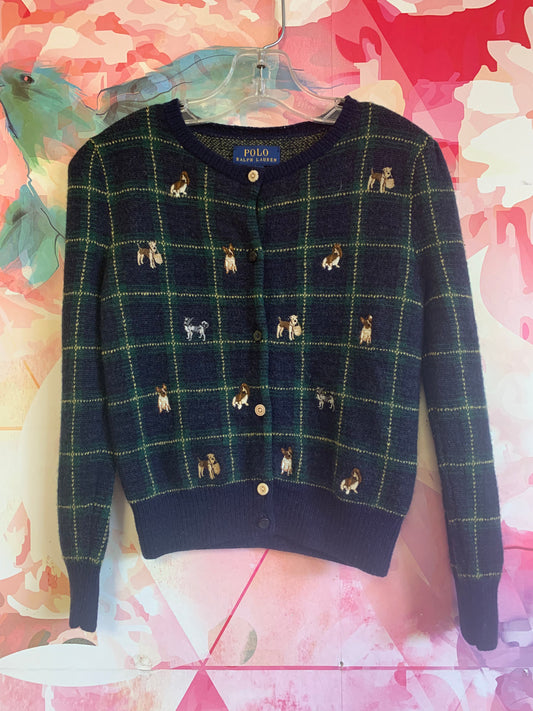 Polo Ralph Lauren blue green plaid cardigan with small dogs. 100% Merino wool. Size 5T.