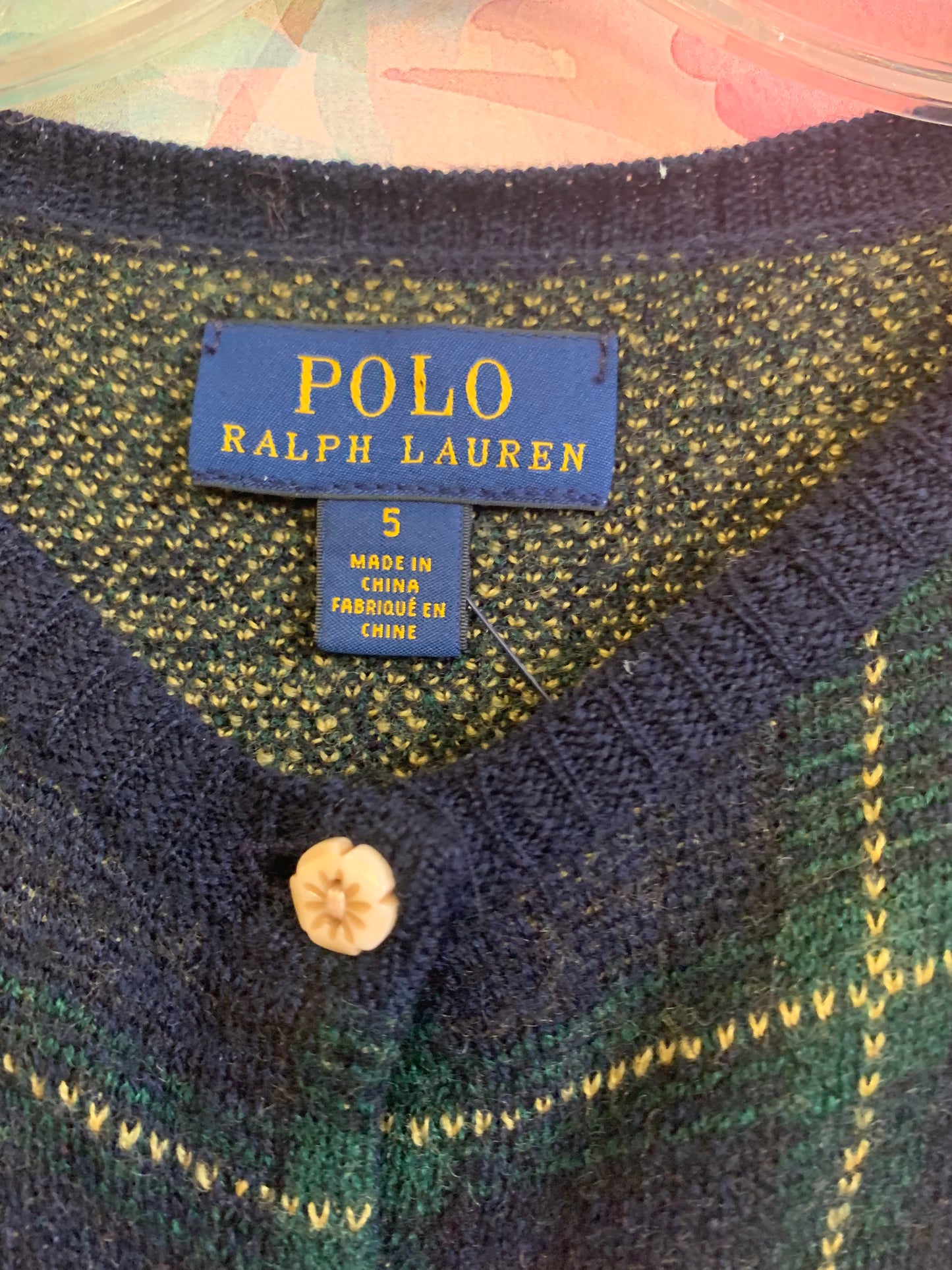 Polo Ralph Lauren blue green plaid cardigan with small dogs. 100% Merino wool. Size 5T.