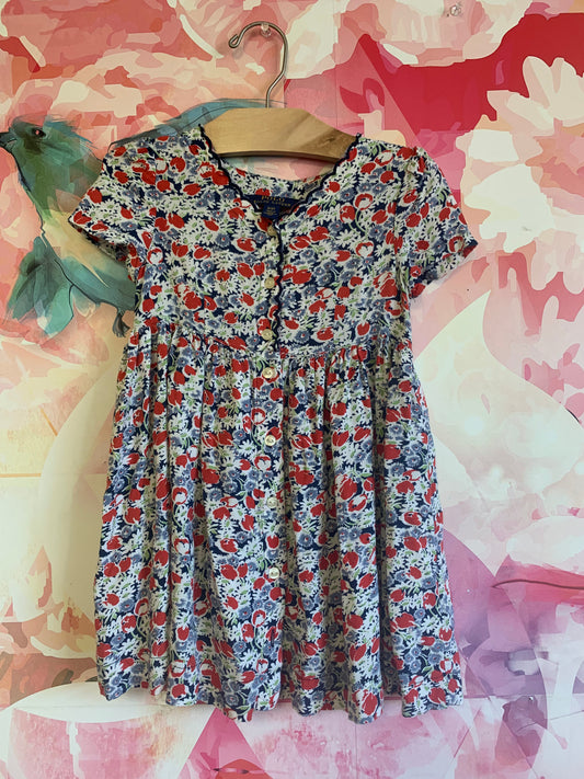 Polo Ralph Lauren red & blue flower short sleeve dress with pockets & scallop detail on neckline and front buttons. Size 3T