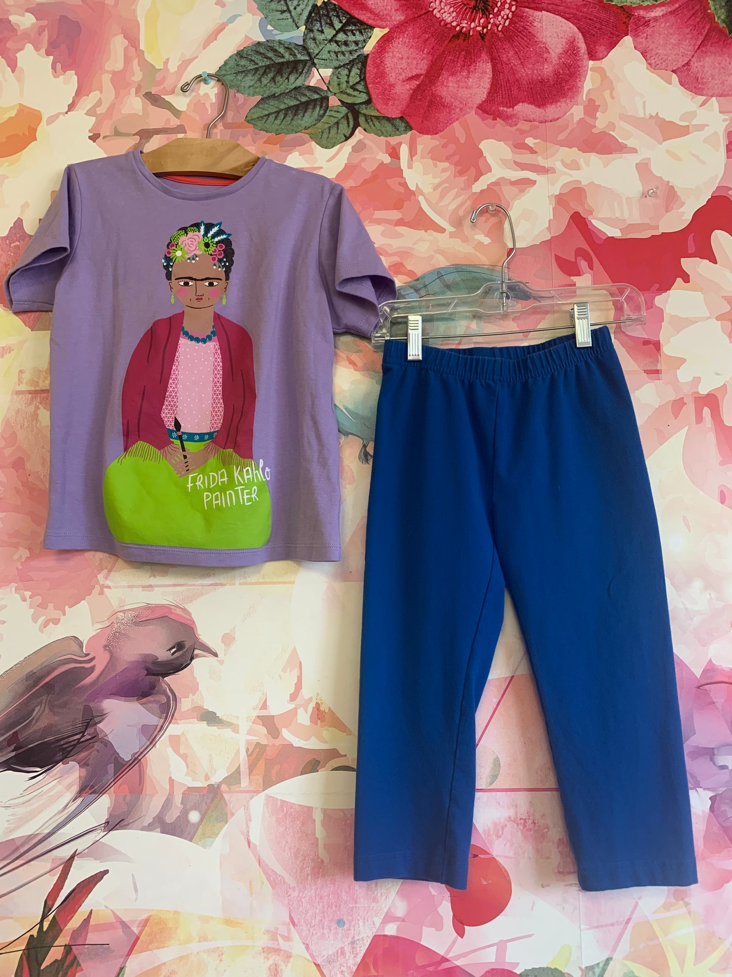 Piccolina purple Frida Kahlo T-shirt size 7 & Hanna Andersson blue leggings size 8