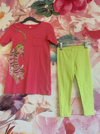 Tea Collection bright pink short sleeve dress with tiger, and neon yellow crop leggings. Size 4T