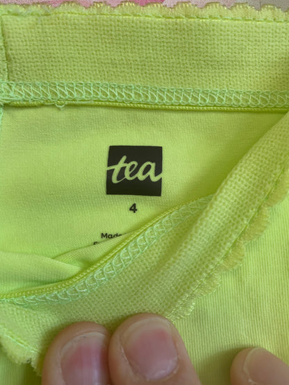 Tea Collection bright pink short sleeve dress with tiger, and neon yellow crop leggings. Size 4T