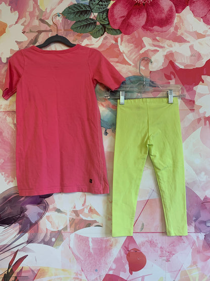 Tea Collection bright pink short sleeve dress with tiger, and neon yellow crop leggings. Size 4T