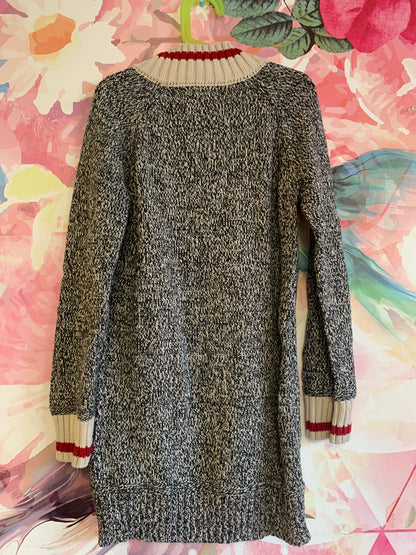 Roots Cabin black & white sweater dress with red stripe collar & wrist. Front hand pocket. Size 9/10