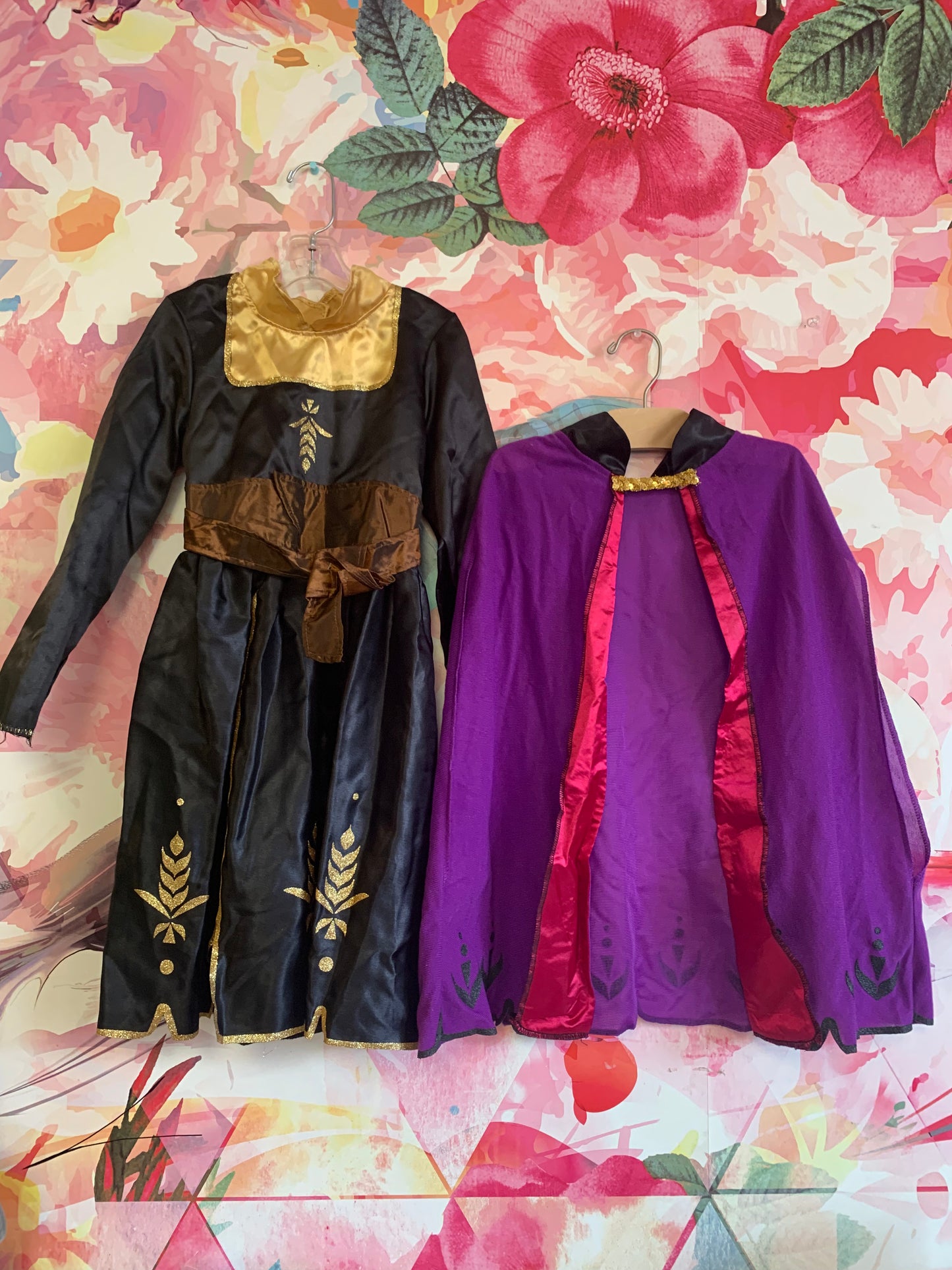 Disney dress up costume. Black, brown, gold long sleeve dress with purple cape. Size 6T.