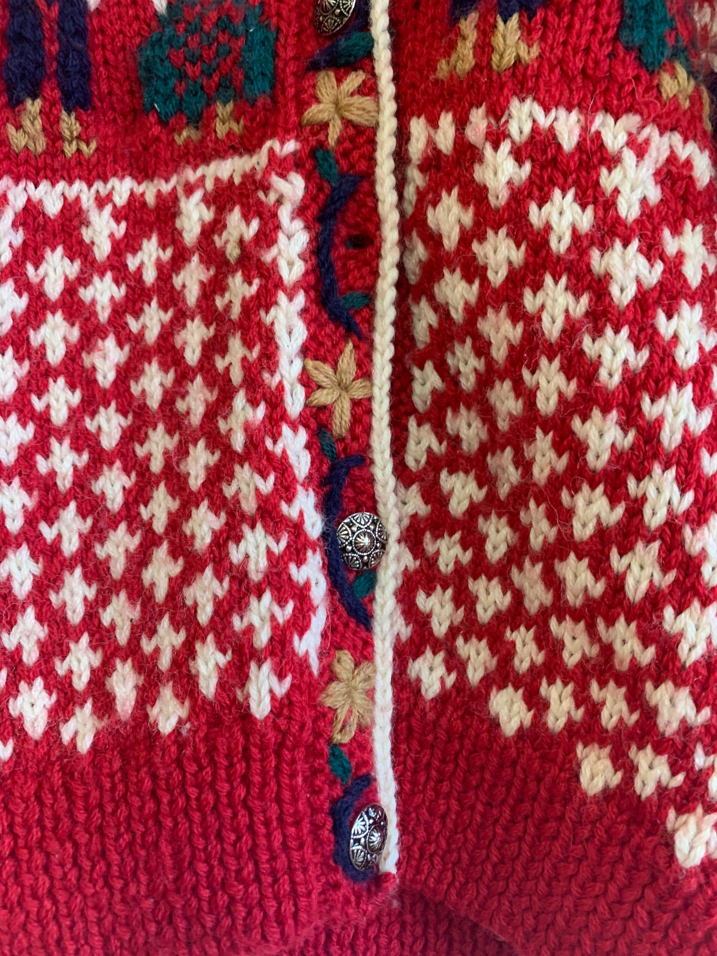 One of a Kind by Shirley Duffy hand knit 100% virgin wool cardigan. Red, white, blue, green with round metal buttons. *one button missing. See closeup pic*. Size 6/7