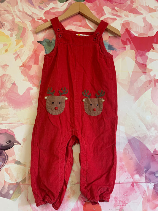 Baby Boden red corduroy romper with brown reindeer pockets. Size 18-24m