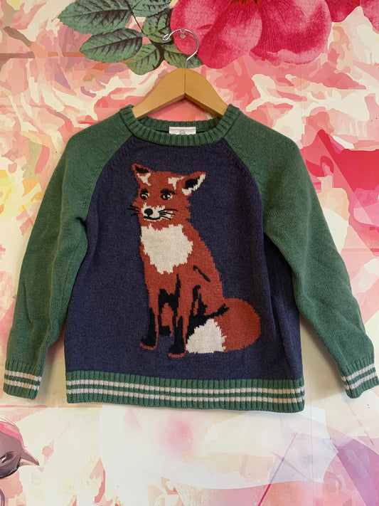 Hanna Andersson green & blue crewneck sweater with red fox. Size 4T