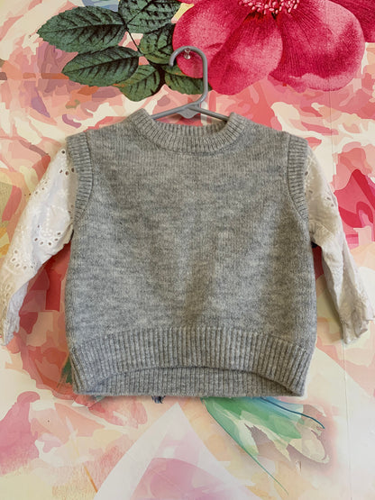 Zara grey sweater with white eyelet sleeves. Size 9-12m