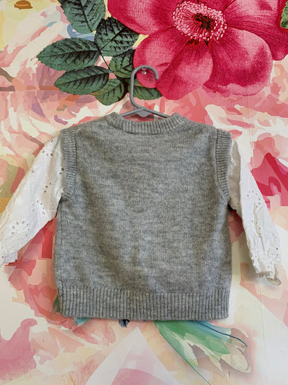 Zara grey sweater with white eyelet sleeves. Size 9-12m