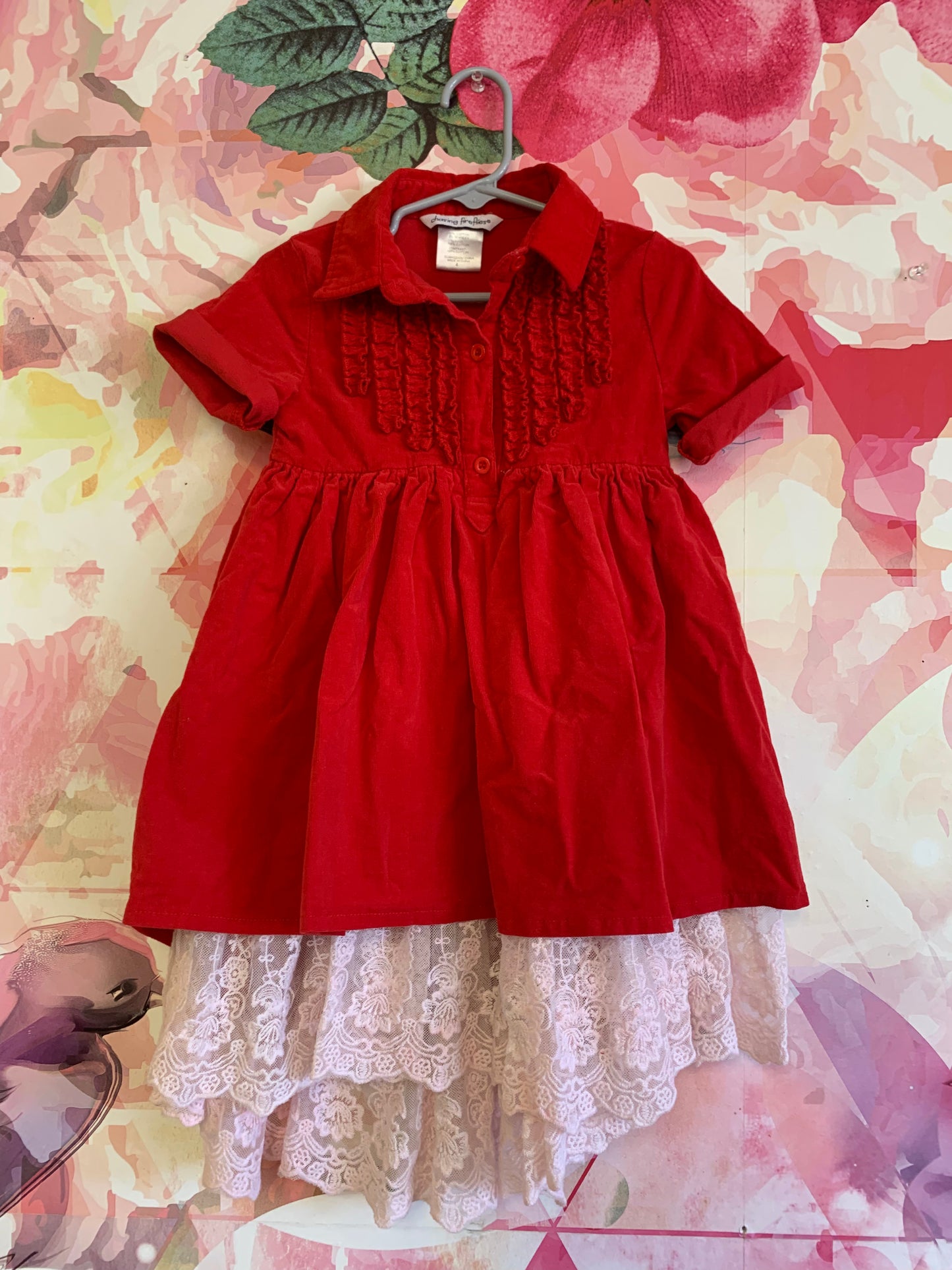 Chasing Fireflies red velour short sleeve dress with ruffles and white lace exposed on bottom. Size 4T