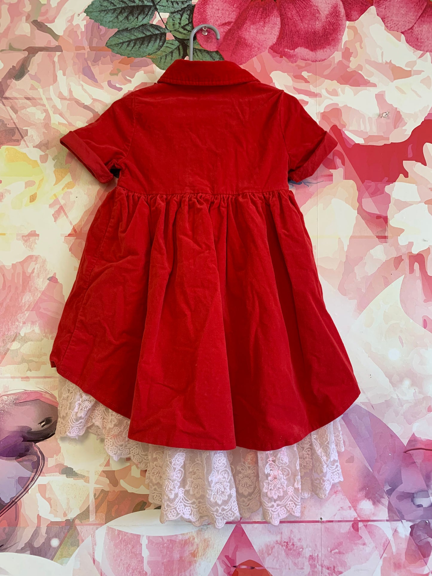 Chasing Fireflies red velour short sleeve dress with ruffles and white lace exposed on bottom. Size 4T