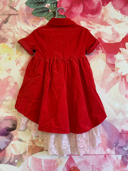 Chasing Fireflies red velour short sleeve dress with ruffles and white lace exposed on bottom. Size 4T