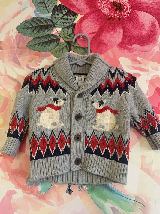 Baby Gap grey knit cardigan sweater with polar bear winter scene. Size 3-6m