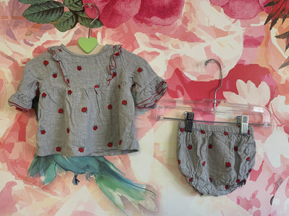 Janie & Jack grey two piece with red roses. Long sleeve top & bloomers. Size 3-6m