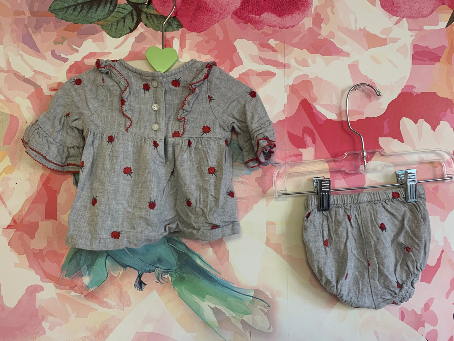 Janie & Jack grey two piece with red roses. Long sleeve top & bloomers. Size 3-6m